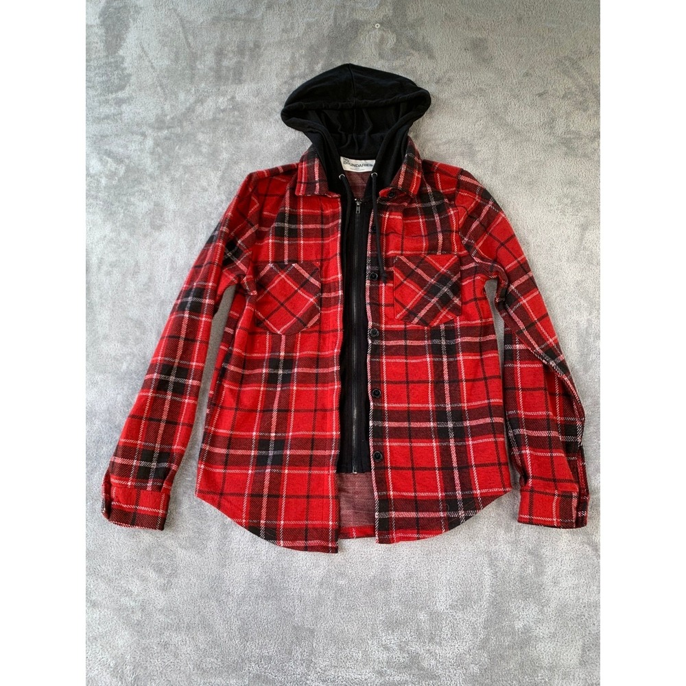 Red Plaid Shacket Hoodie Women's Small Flannel Layering Jacket Casual Streetwear